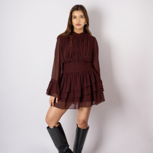 Mocha Dress - Chocolate Brown Georgette with Flared Sleeves and Ruffled Hem