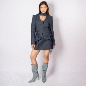 Camille Co-ord Set - Denim Top with Waist Ties and Straight-Cut Skirt