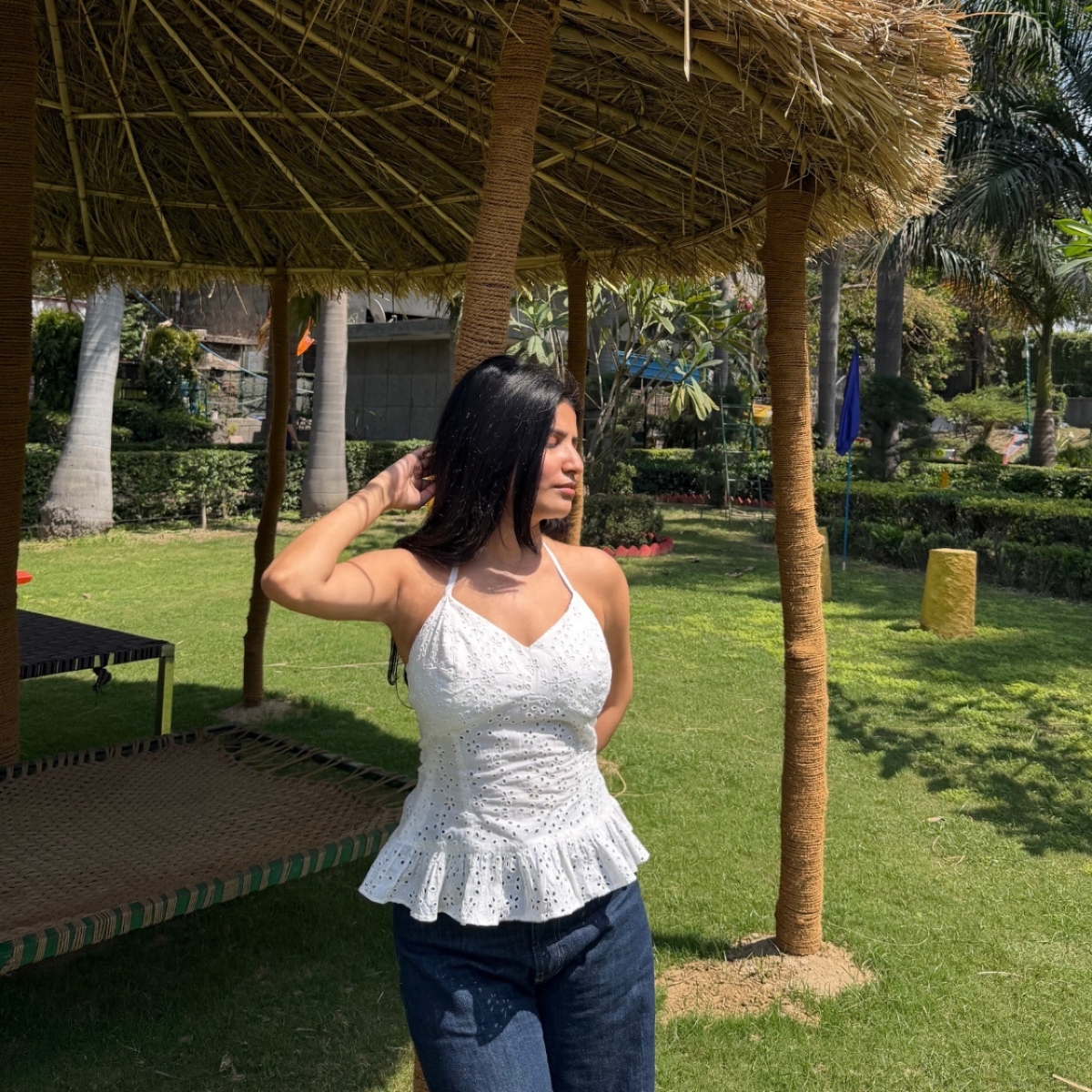 chikankari peplum backless top with tie up