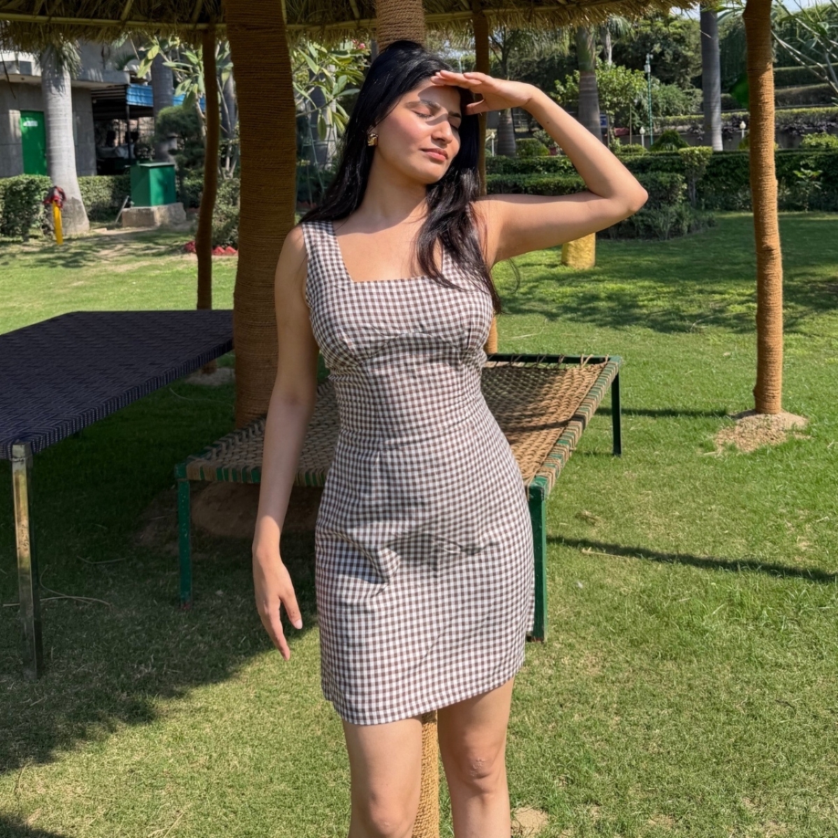 brown checkered cotton A line short dress