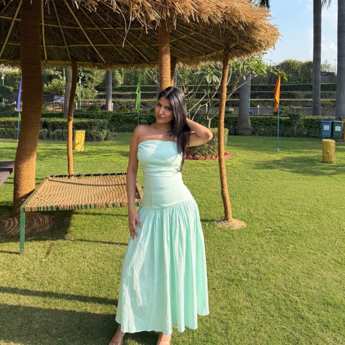 green striped tube maxi dress in cotton