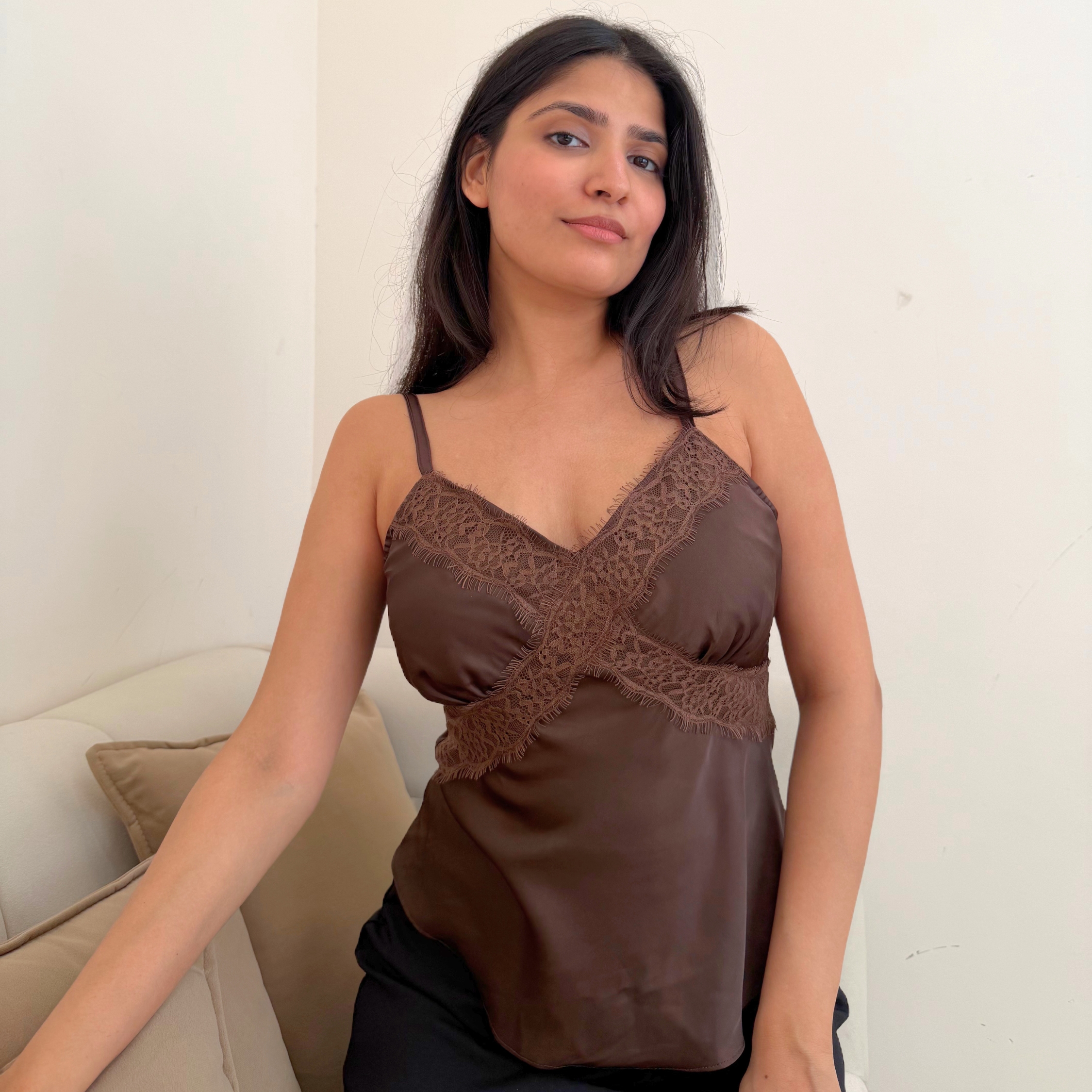 Brune brown satin top showing lace detailing across the front