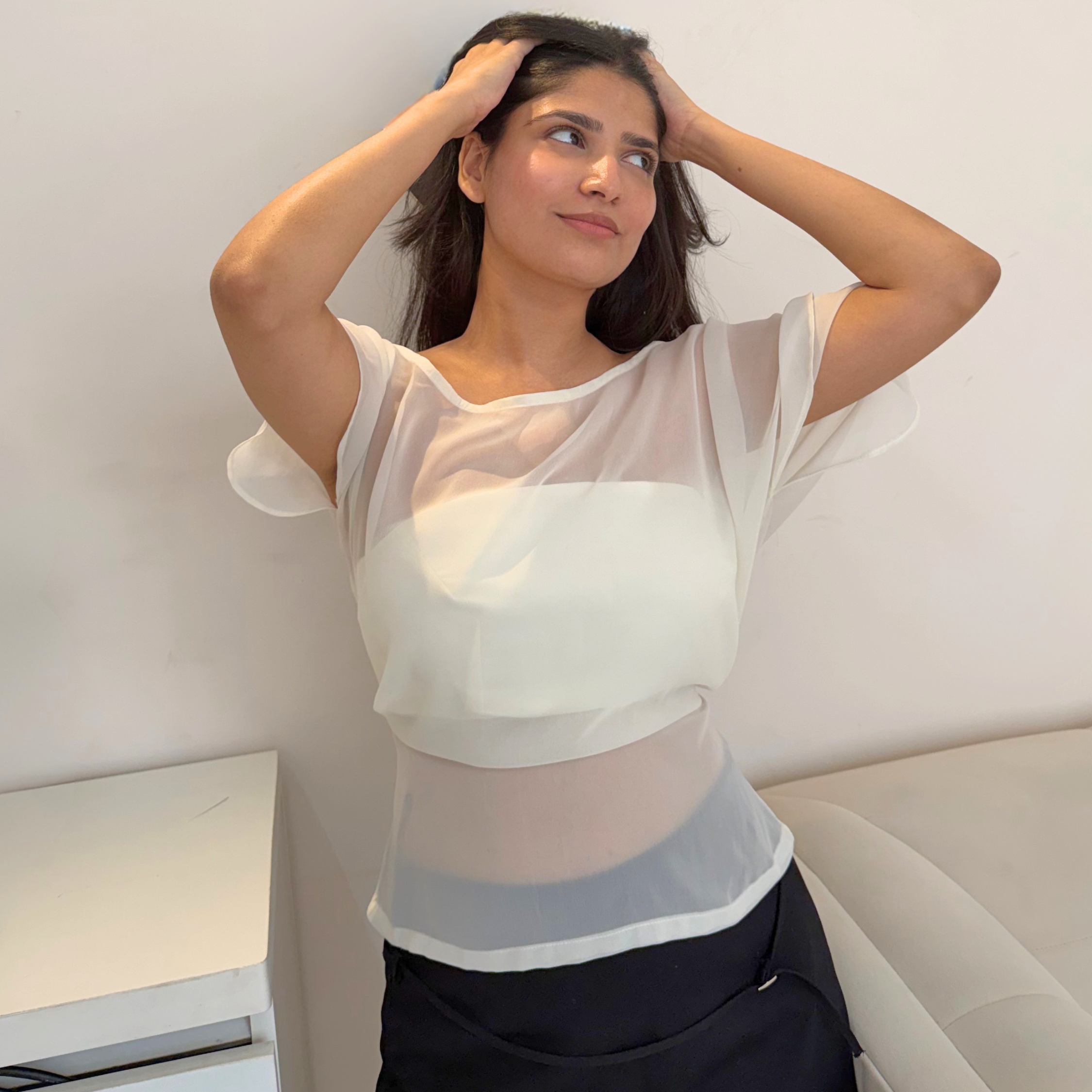 Solenne georgette top showing the cinched silhouette with back tie detail
